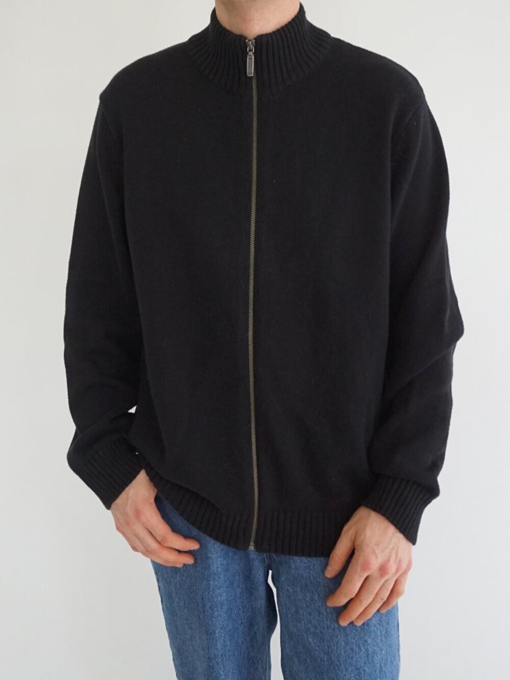 Vintage Denver Hayes Black Full Zip Knit Sweater Ribbed Collar Minimal Classic L